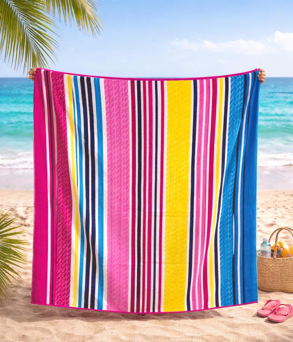 Beach Towel, 100% Cotton, Size 135 x 165 cm, Vibrant Multicolor Striped