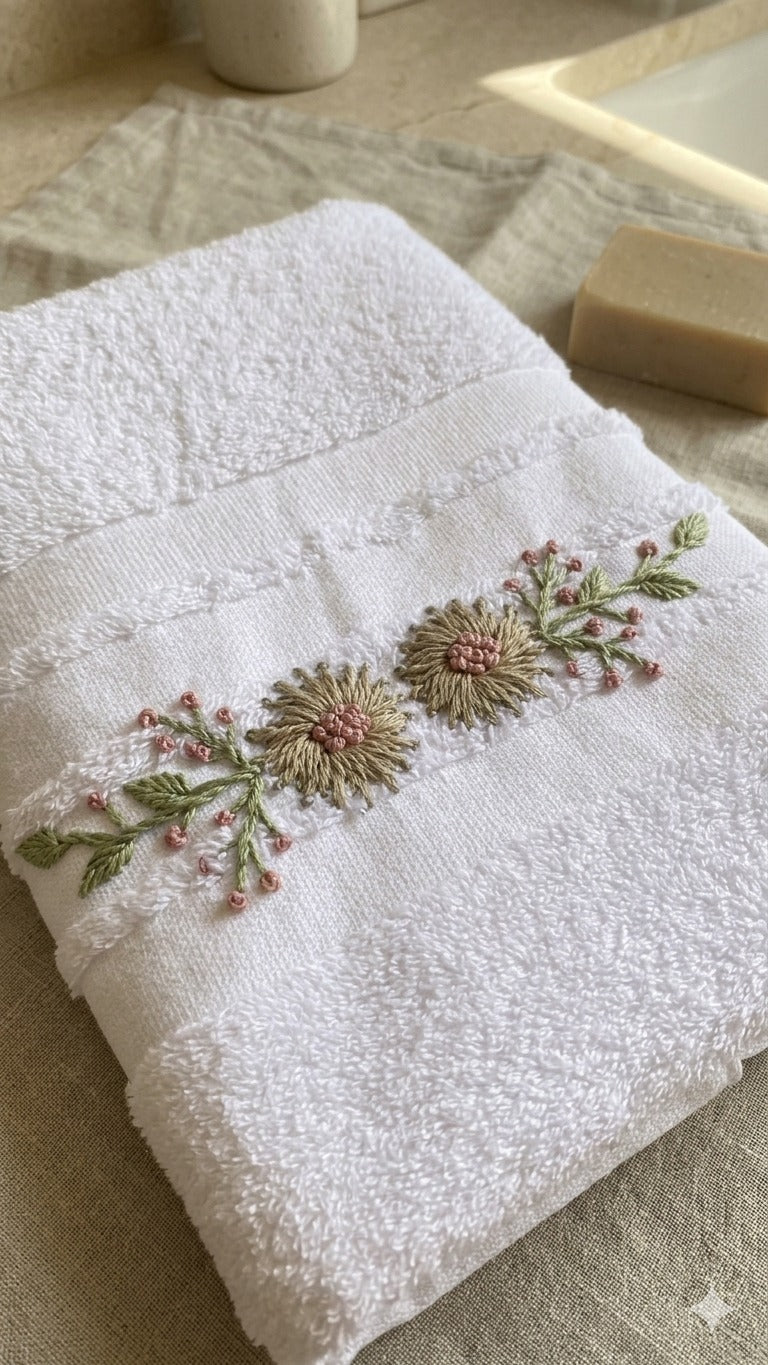 Handmade towel ,100% cotton ,sage flower design