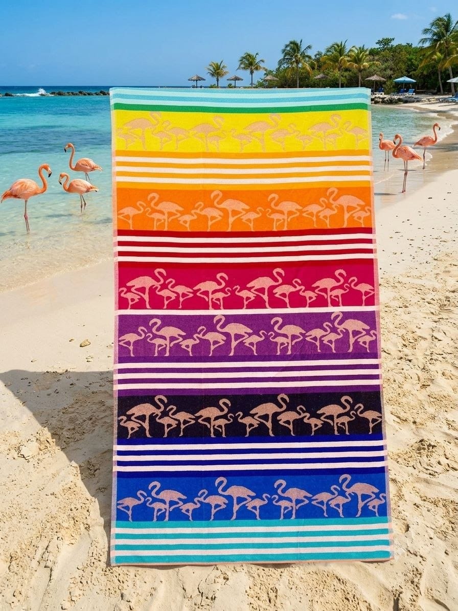 Beach towel , 86 x 160 , 100% cotton ,Highly absorbent , Vibrant Tropical Flamingo Beach Towel