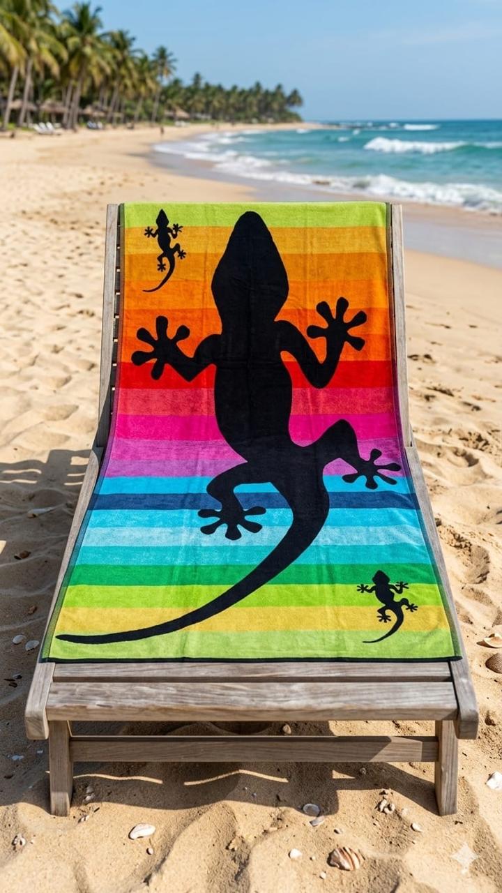 Beach towel , 86 x 160 , 100% cotton ,Highly absorbent ,Vibrant Tropical Gecko Beach Towel