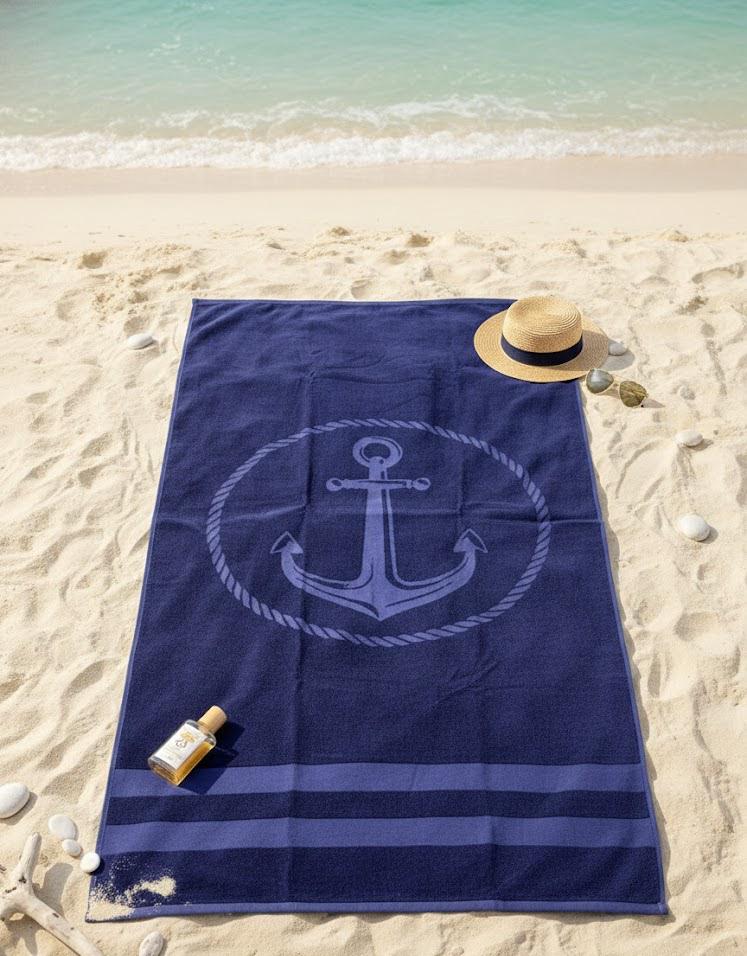 Beach Towel, 100% Cotton, 95 x 170 cm, Navy Anchor Coastal Design
