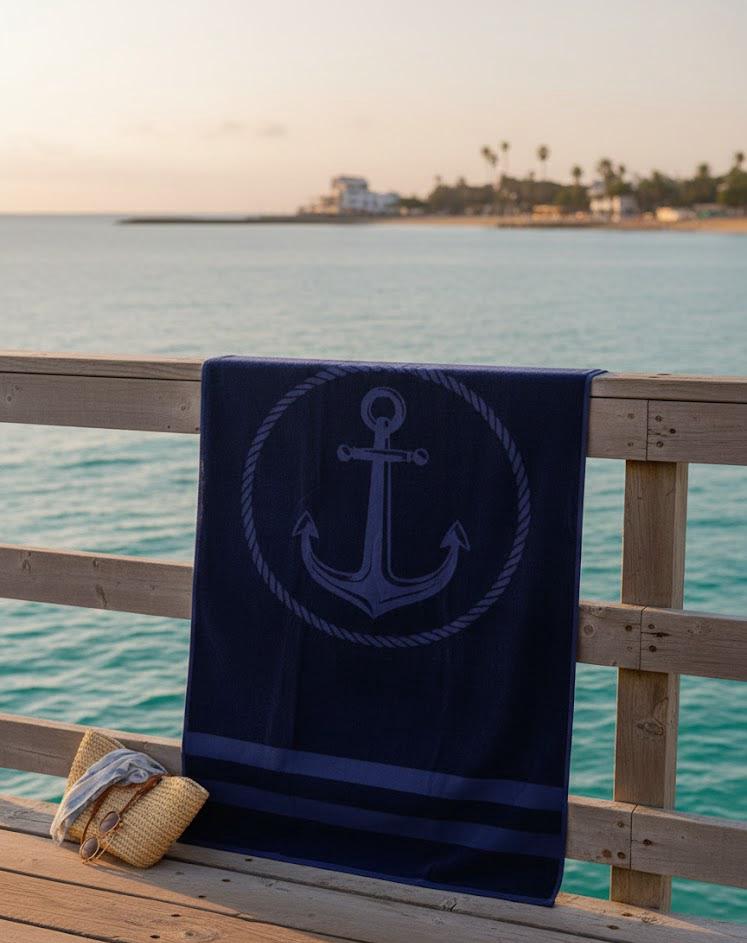Beach Towel, 100% Cotton, 95 x 170 cm, Navy Anchor Coastal Design