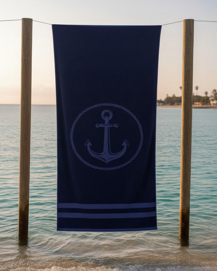 Beach Towel, 100% Cotton, 95 x 170 cm, Navy Anchor Coastal Design