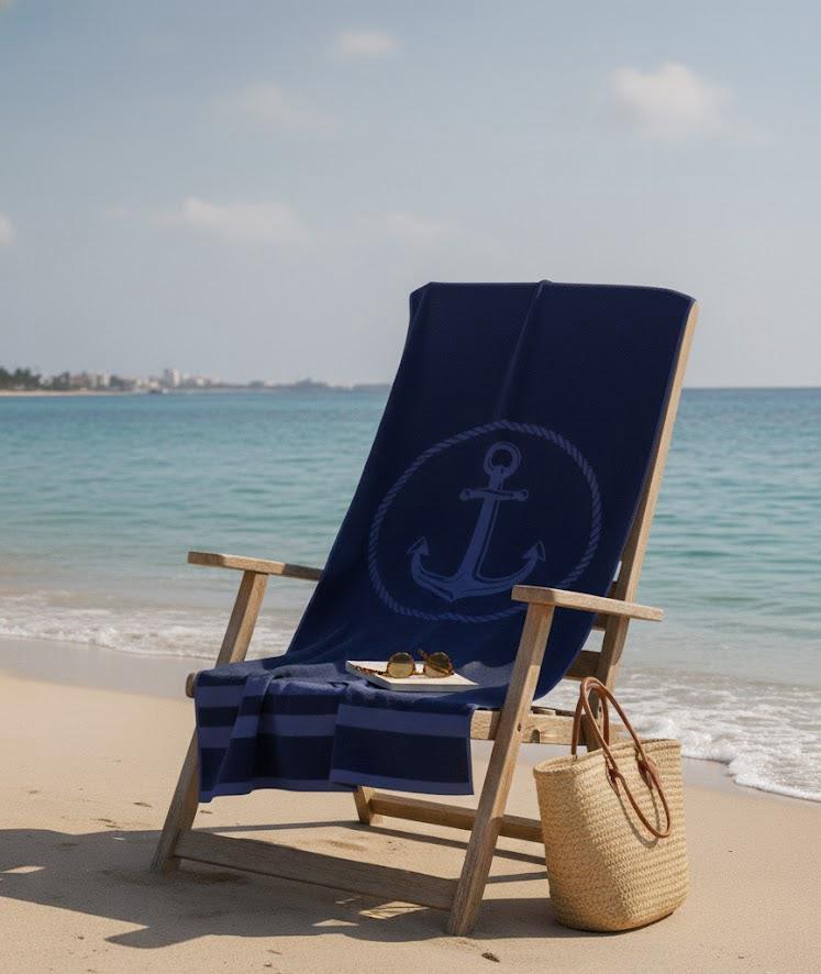 Beach Towel, 100% Cotton, 95 x 170 cm, Navy Anchor Coastal Design