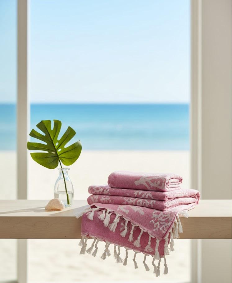 Beach Towel, 100% Cotton ,size 135 x 165  cm , Elegant Coral Reef Coastal