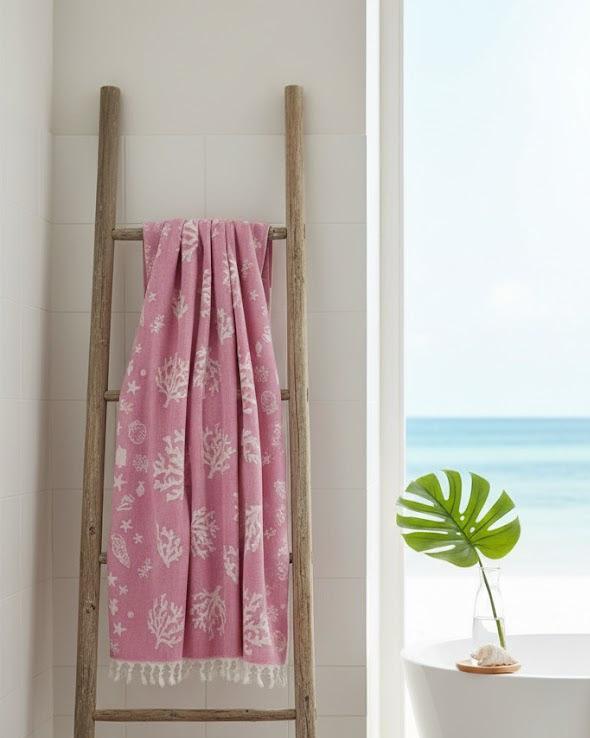 Beach Towel, 100% Cotton ,size 135 x 165  cm , Elegant Coral Reef Coastal