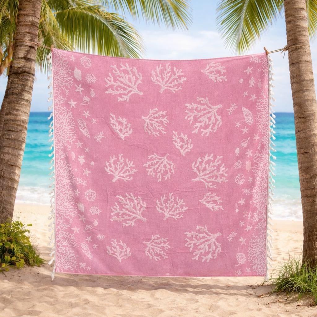 Beach Towel, 100% Cotton ,size 135 x 165  cm , Elegant Coral Reef Coastal