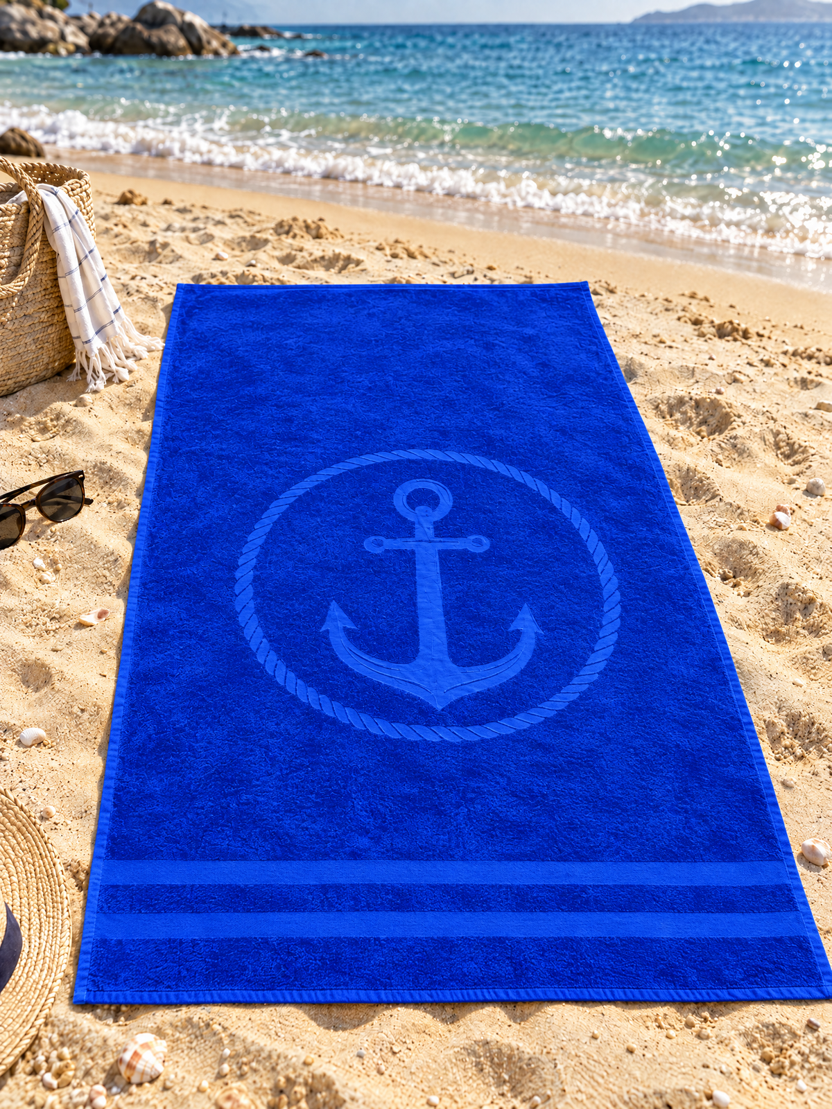 Beach Towel ,95 × 170 cm , 100% cotton ,Highly absorbent ,Nautical Anchor Design Beach Towel
