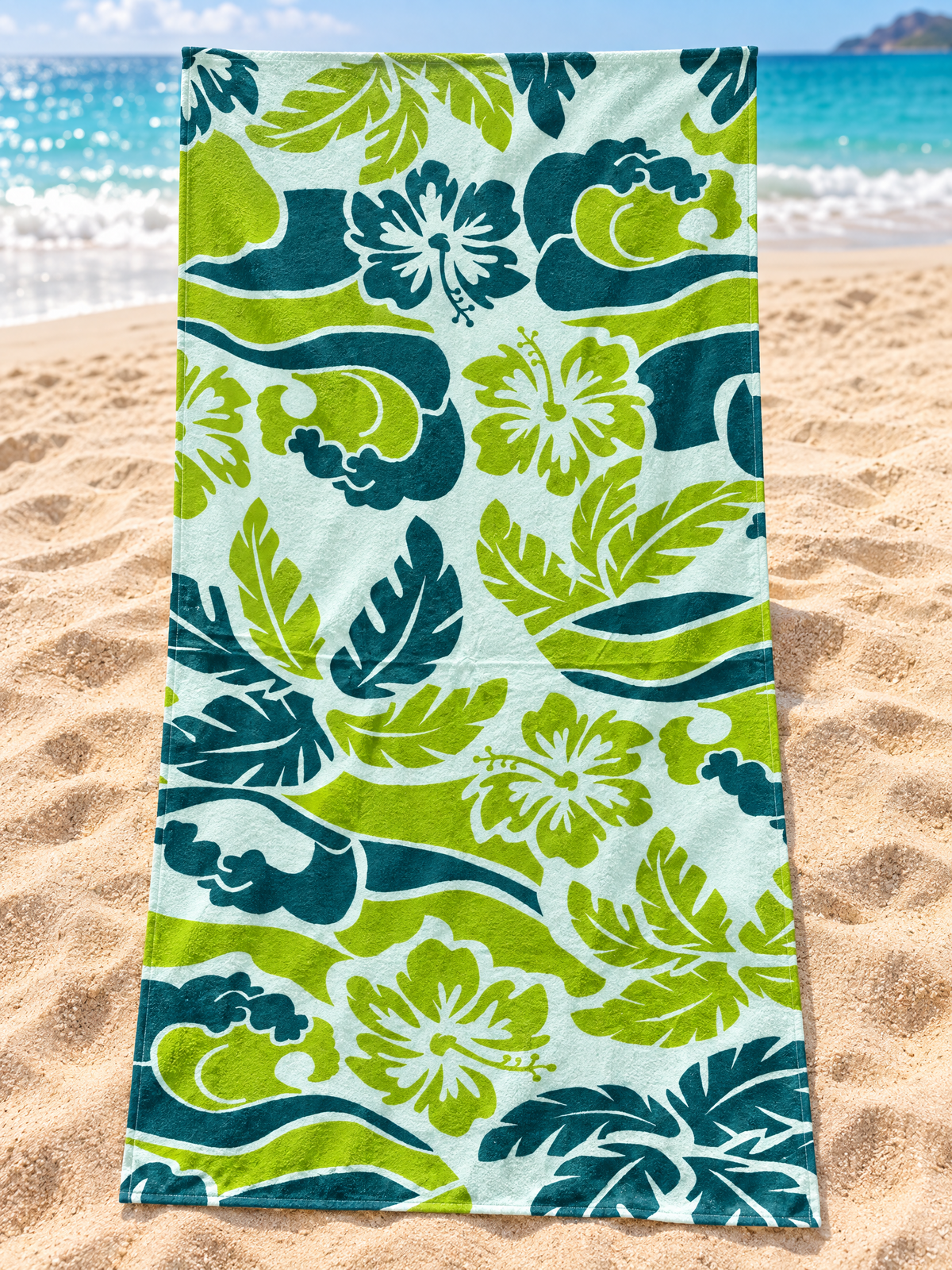 Beach Towel ,70x 150  cm, 100% cotton ,Highly absorbent ,Tropical Hibiscus & Wave Beach Towel