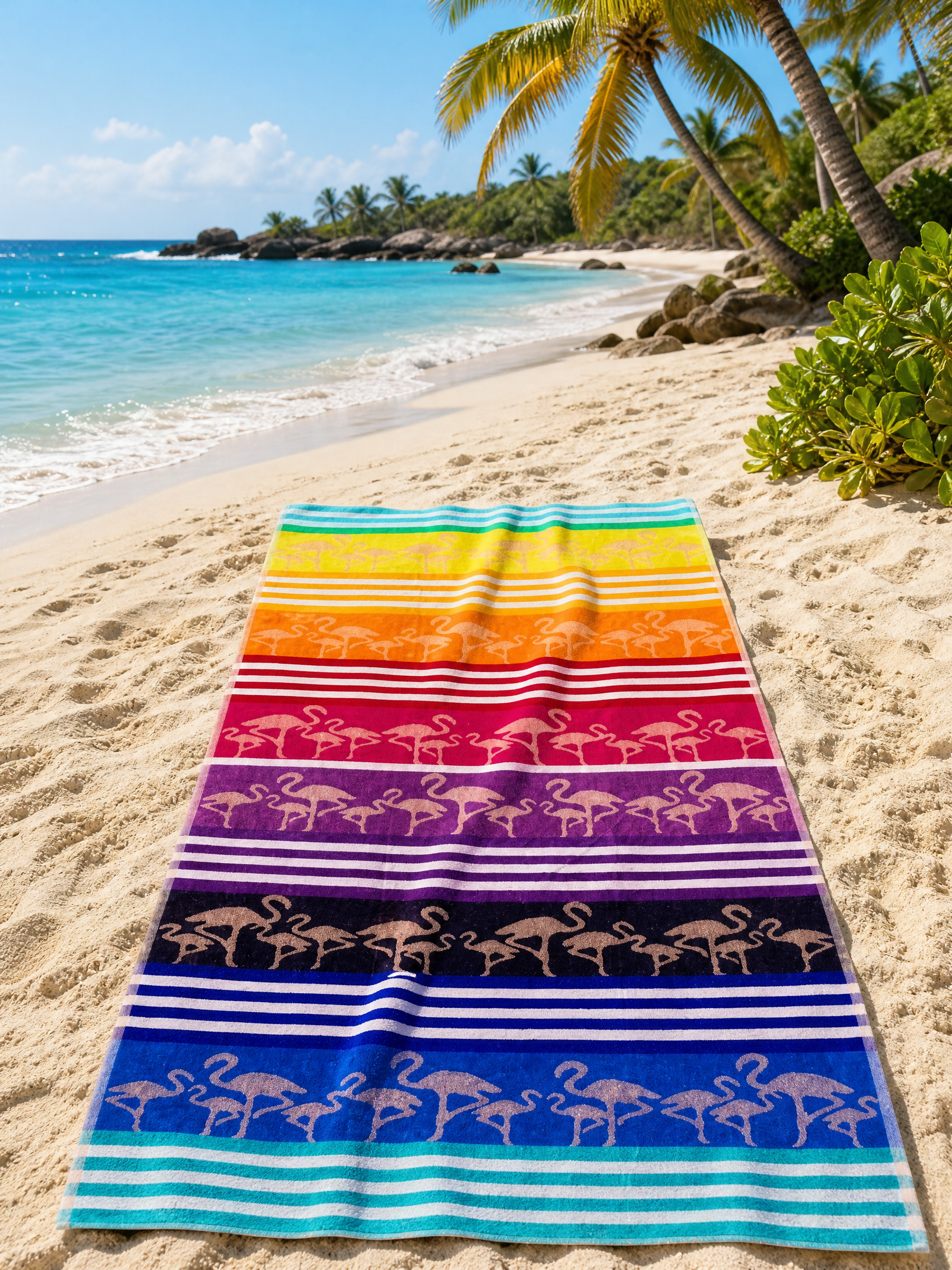 Beach towel , 86 x 160 , 100% cotton ,Highly absorbent , Vibrant Tropical Flamingo Beach Towel