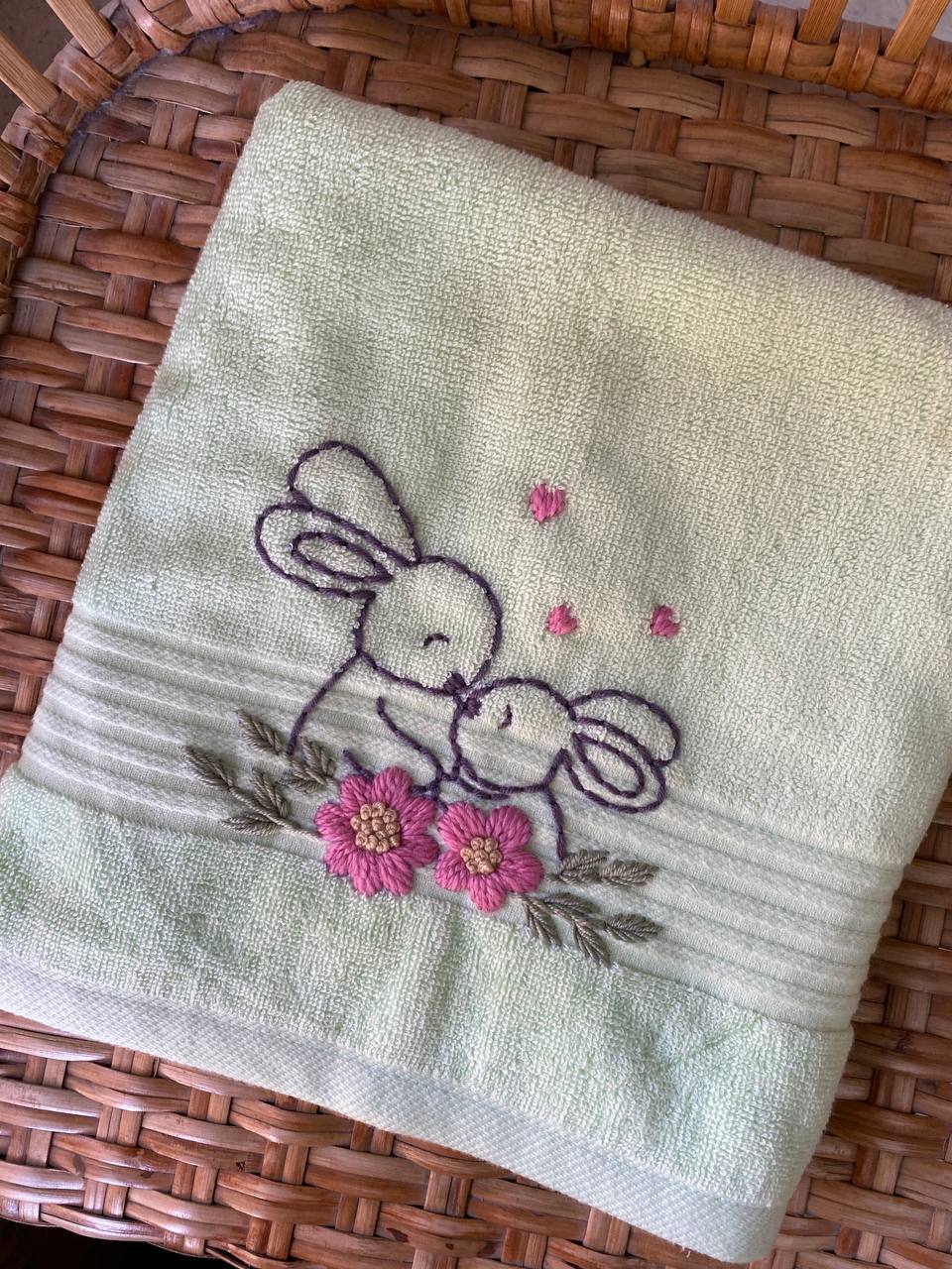 Handmade face towel , 50 X100 cm , 100% cotton ,Mini Rabbits design