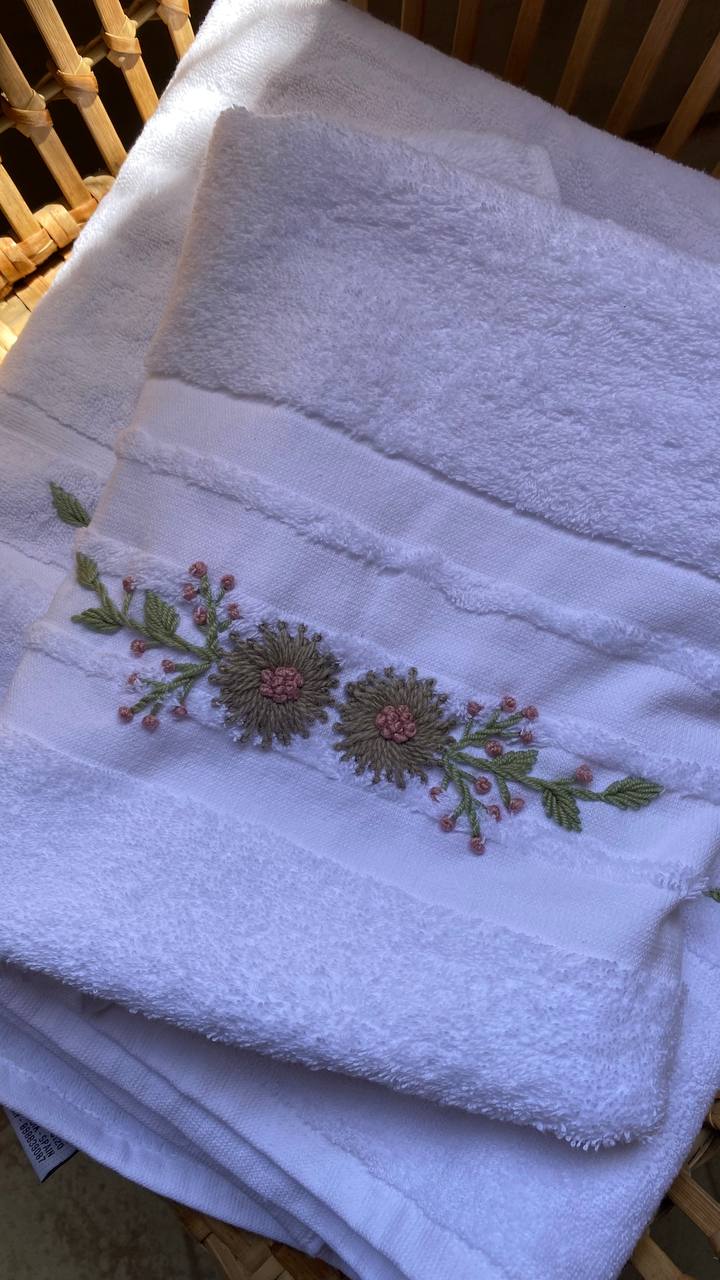 Handmade towel ,100% cotton ,sage flower design