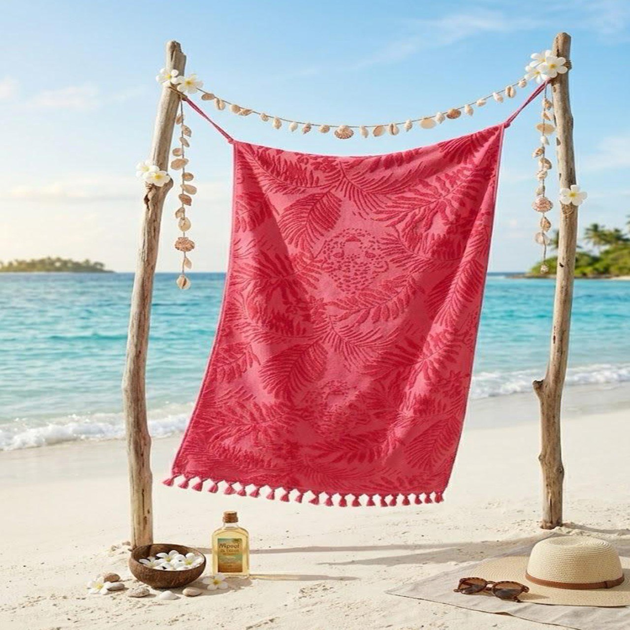 Beach Towel, 100% Cotton, 86*170 cm, Tropical Leaves Pattern