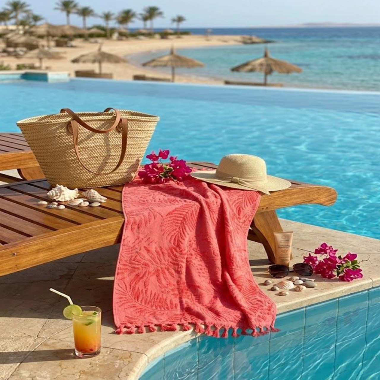 Beach Towel, 100% Cotton, 86*170 cm, Tropical Leaves Pattern
