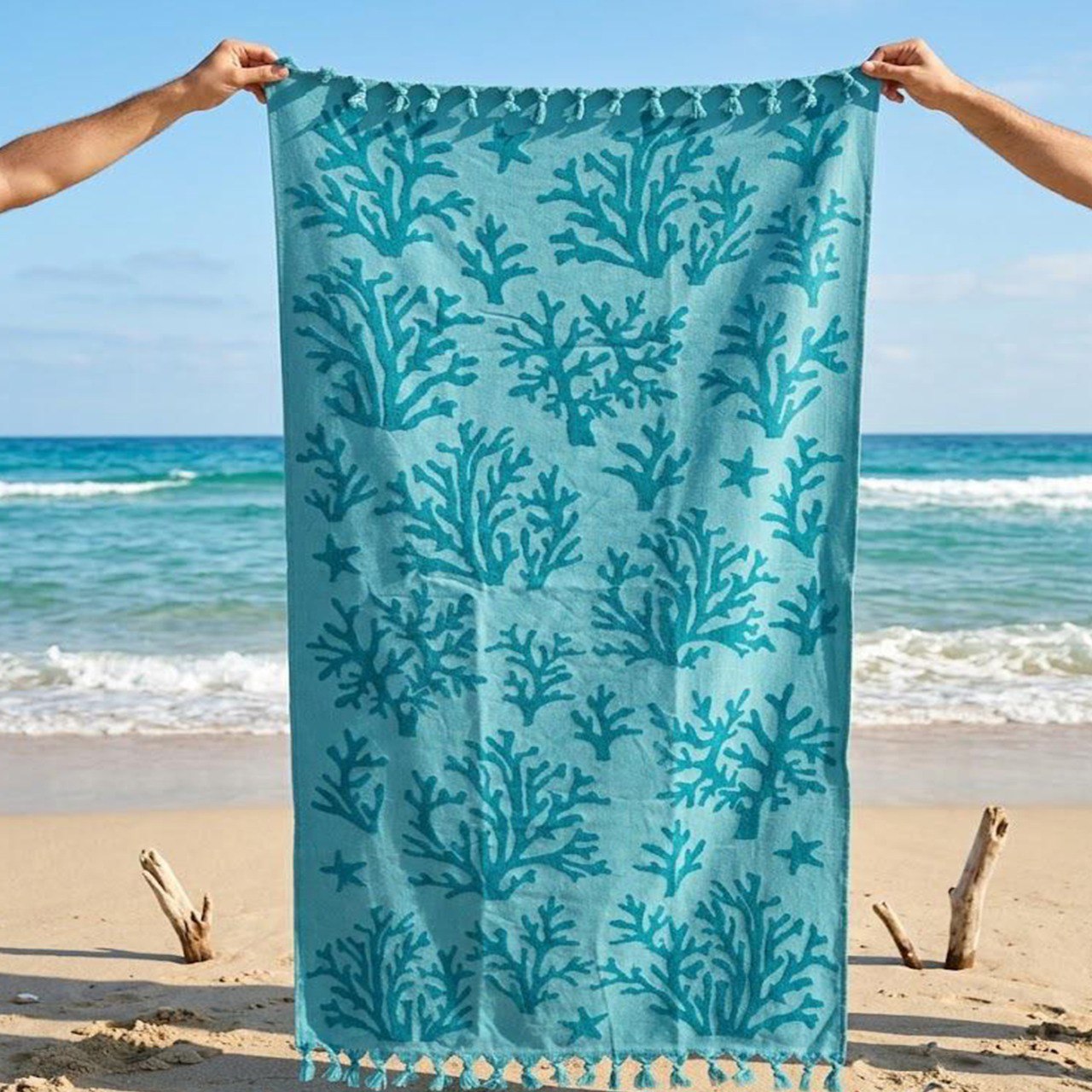 Beach Towel, 100% Cotton, Size 86x170 cm, Vibrant Coral Reef