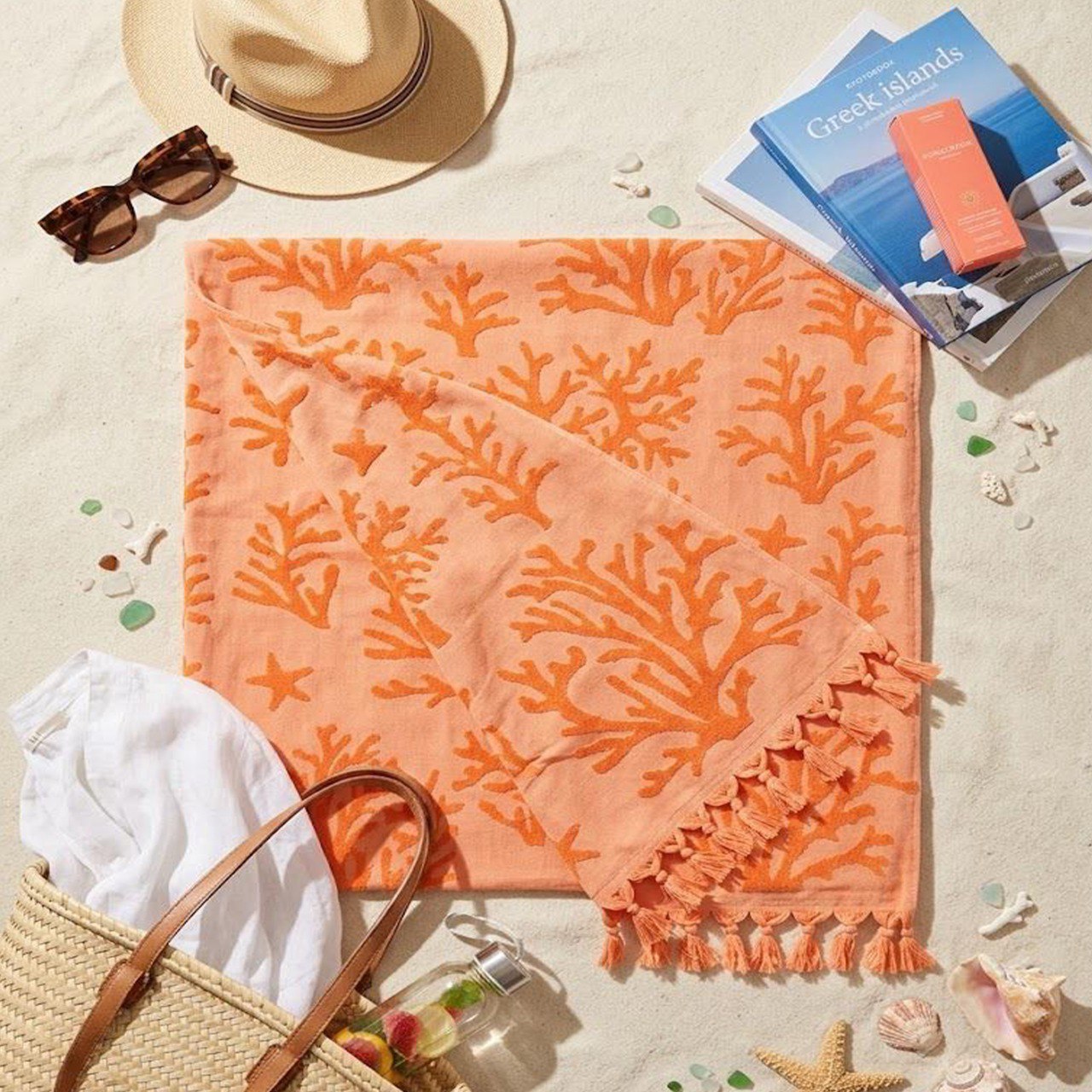 Beach Towel, 100% Cotton, Size 86x170 cm, Vibrant Coral Reef