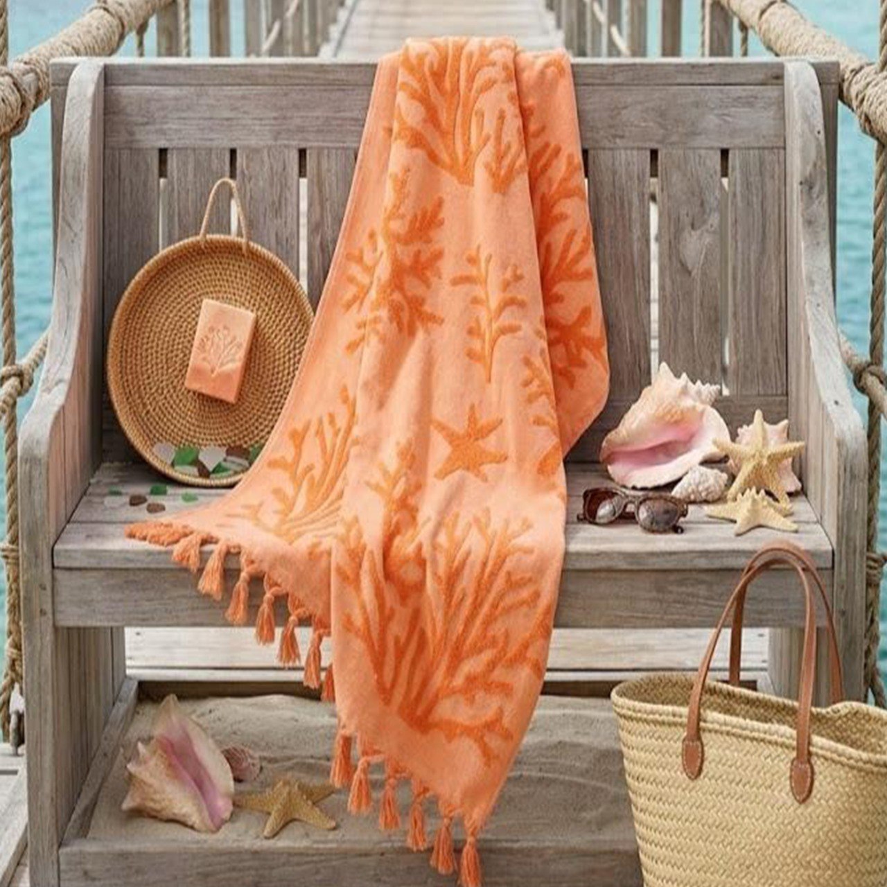 Beach Towel, 100% Cotton, Size 86x170 cm, Vibrant Coral Reef