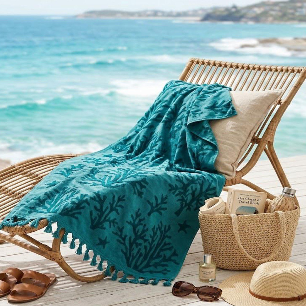 Beach Towel, 100% Cotton, Size 86x170 cm, Vibrant Coral Reef