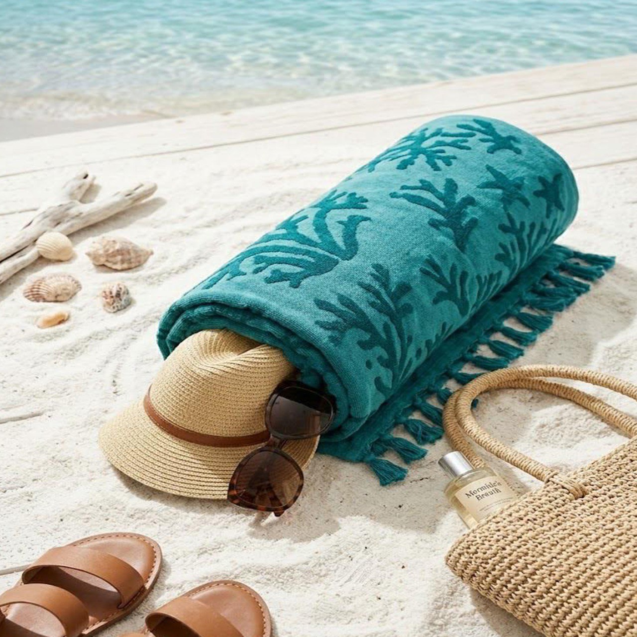 Beach Towel, 100% Cotton, Size 86x170 cm, Vibrant Coral Reef