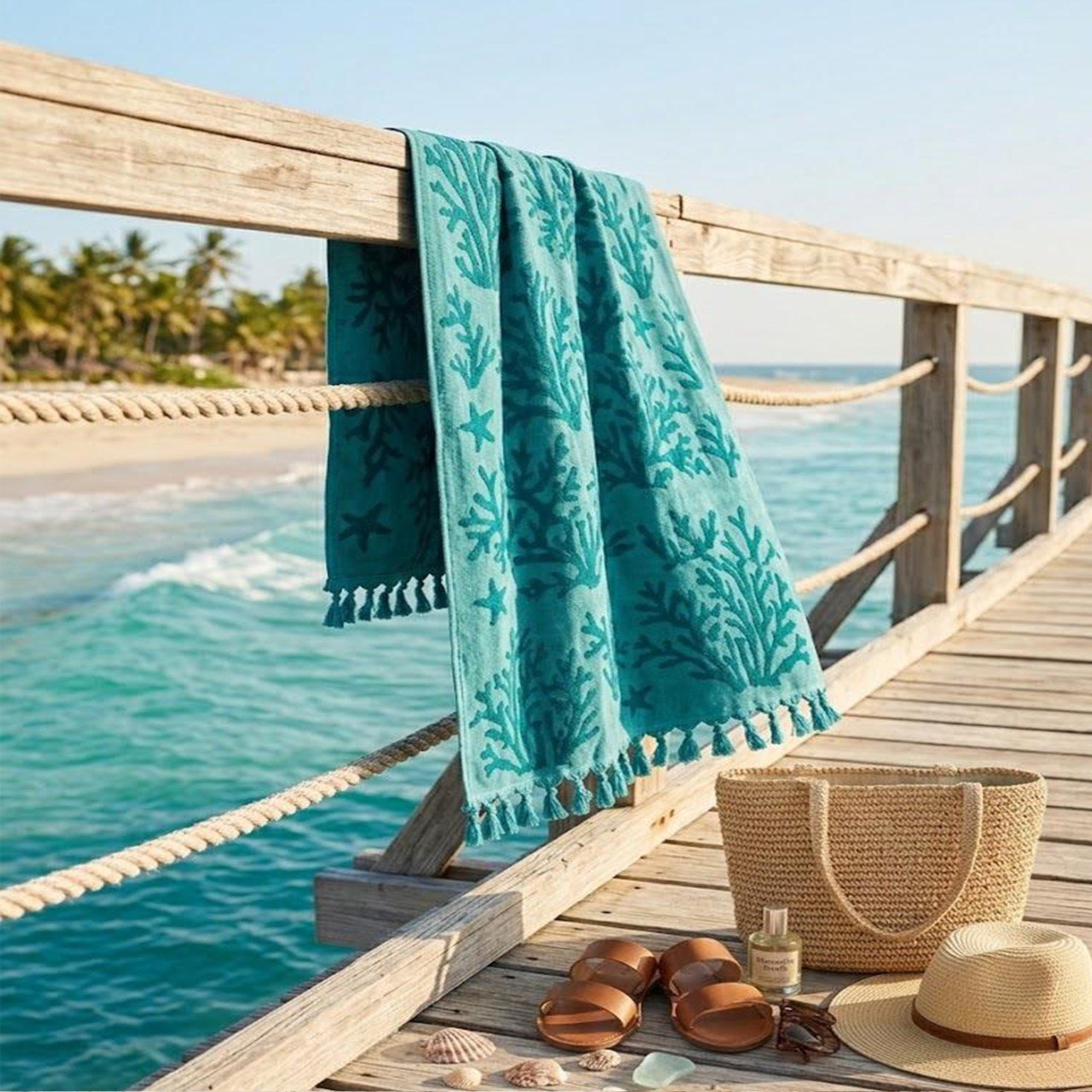Beach Towel, 100% Cotton, Size 86x170 cm, Vibrant Coral Reef