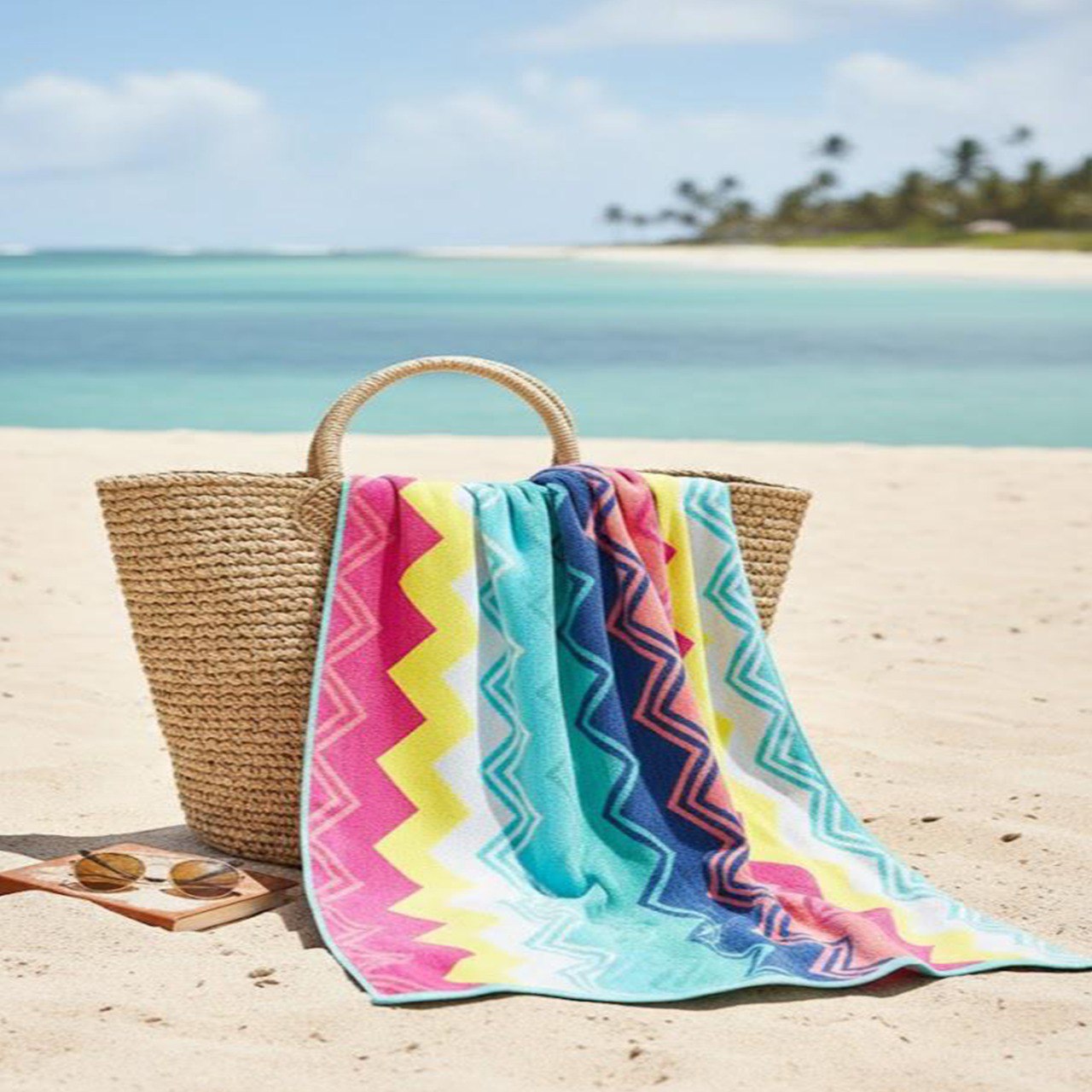 Beach Towel, 100% Cotton ,size 140 x 200 cm , Vibrant Zigzag