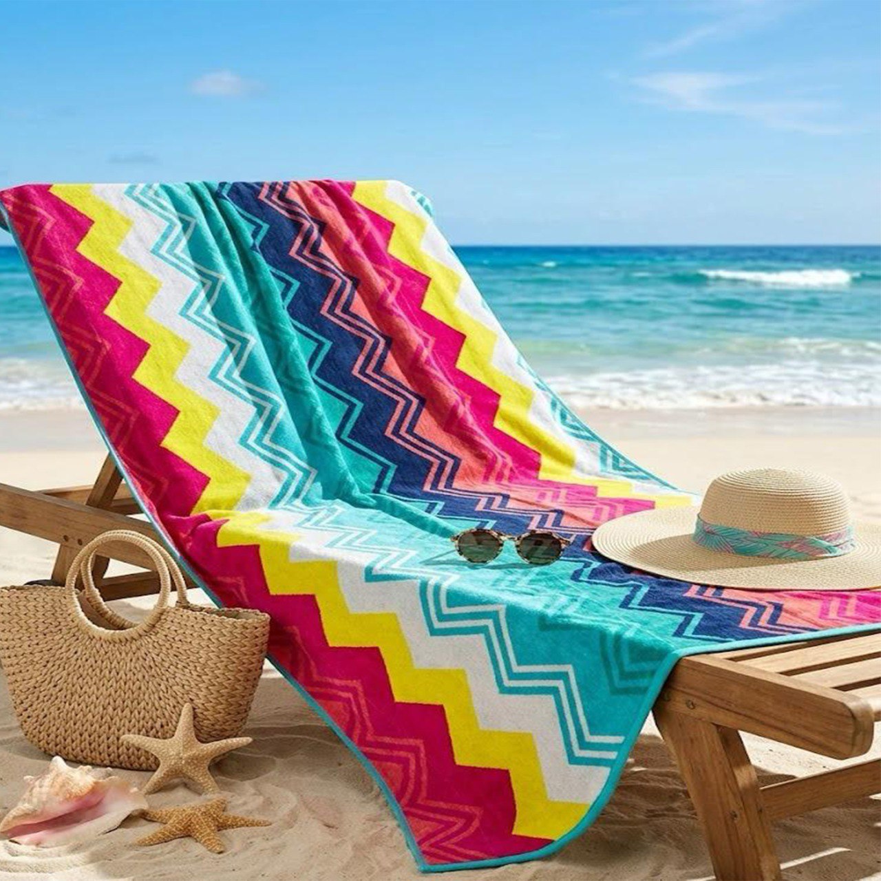 Beach Towel, 100% Cotton ,size 140 x 200 cm , Vibrant Zigzag