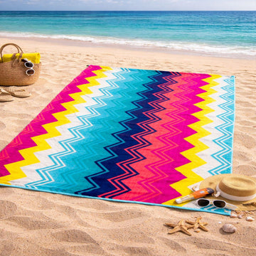 Beach Towel, 100% Cotton ,size 140 x 200 cm , Vibrant Zigzag