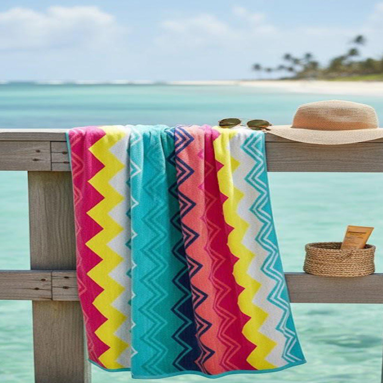 Beach Towel, 100% Cotton ,size 140 x 200 cm , Vibrant Zigzag