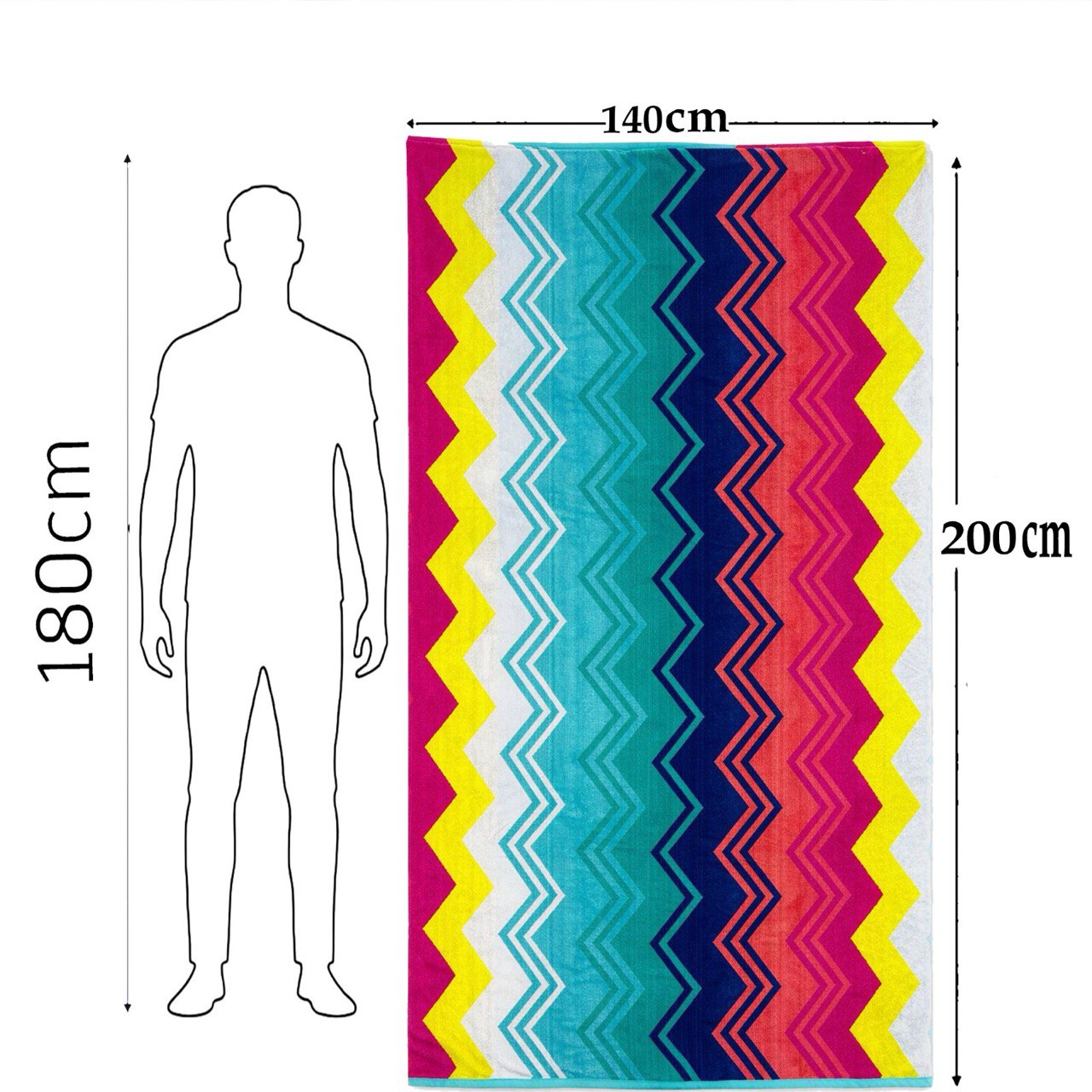 Beach Towel, 100% Cotton ,size 140 x 200 cm , Vibrant Zigzag