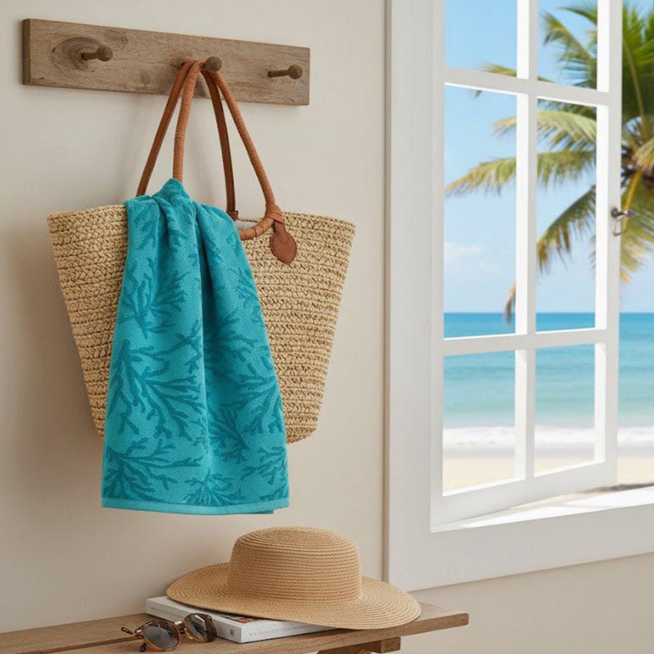 Beach Towel, 100% Cotton ,size 86 x 160  cm , Deep Turquoise Coral Reef