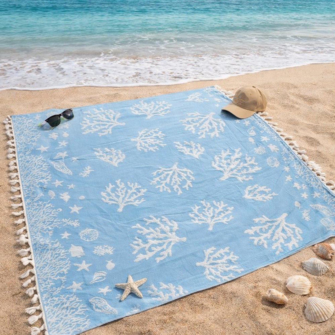 Beach Towel, 100% Cotton ,size 135 x 165  cm , Elegant Coral Reef Coastal