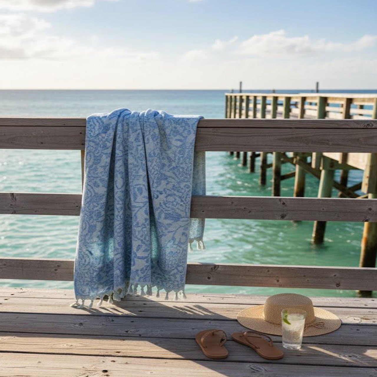 Beach Towel, 100% Cotton ,size 95 x 170  cm , Elegant Damask Blue Tassel