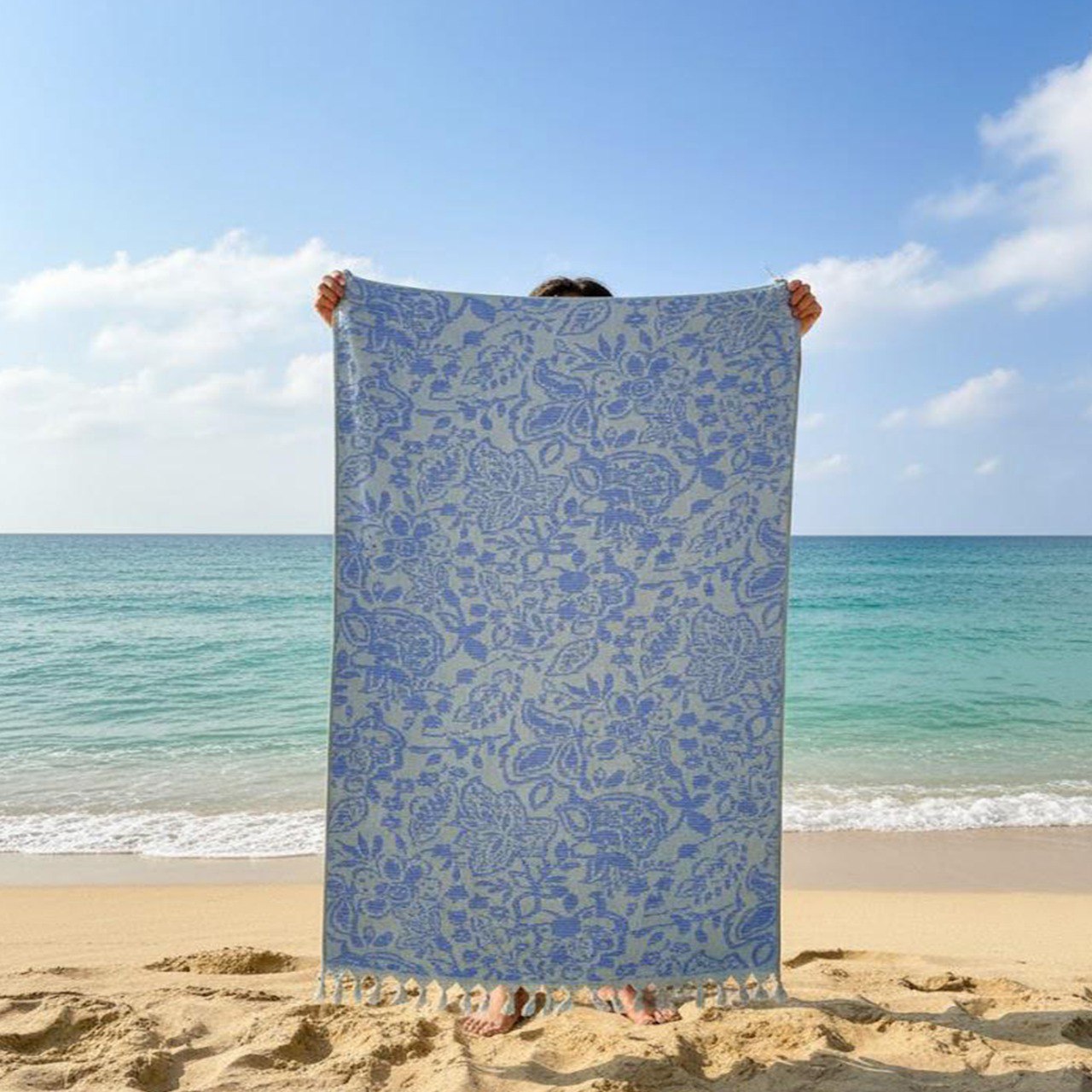 Beach Towel, 100% Cotton ,size 95 x 170  cm , Elegant Damask Blue Tassel