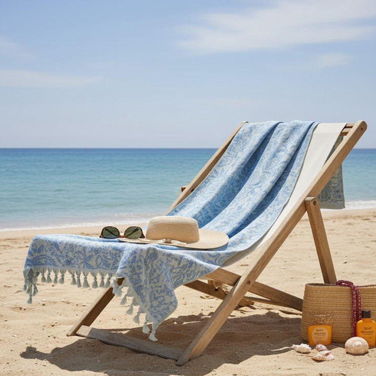 Beach Towel, 100% Cotton ,size 95 x 170  cm , Elegant Damask Blue Tassel