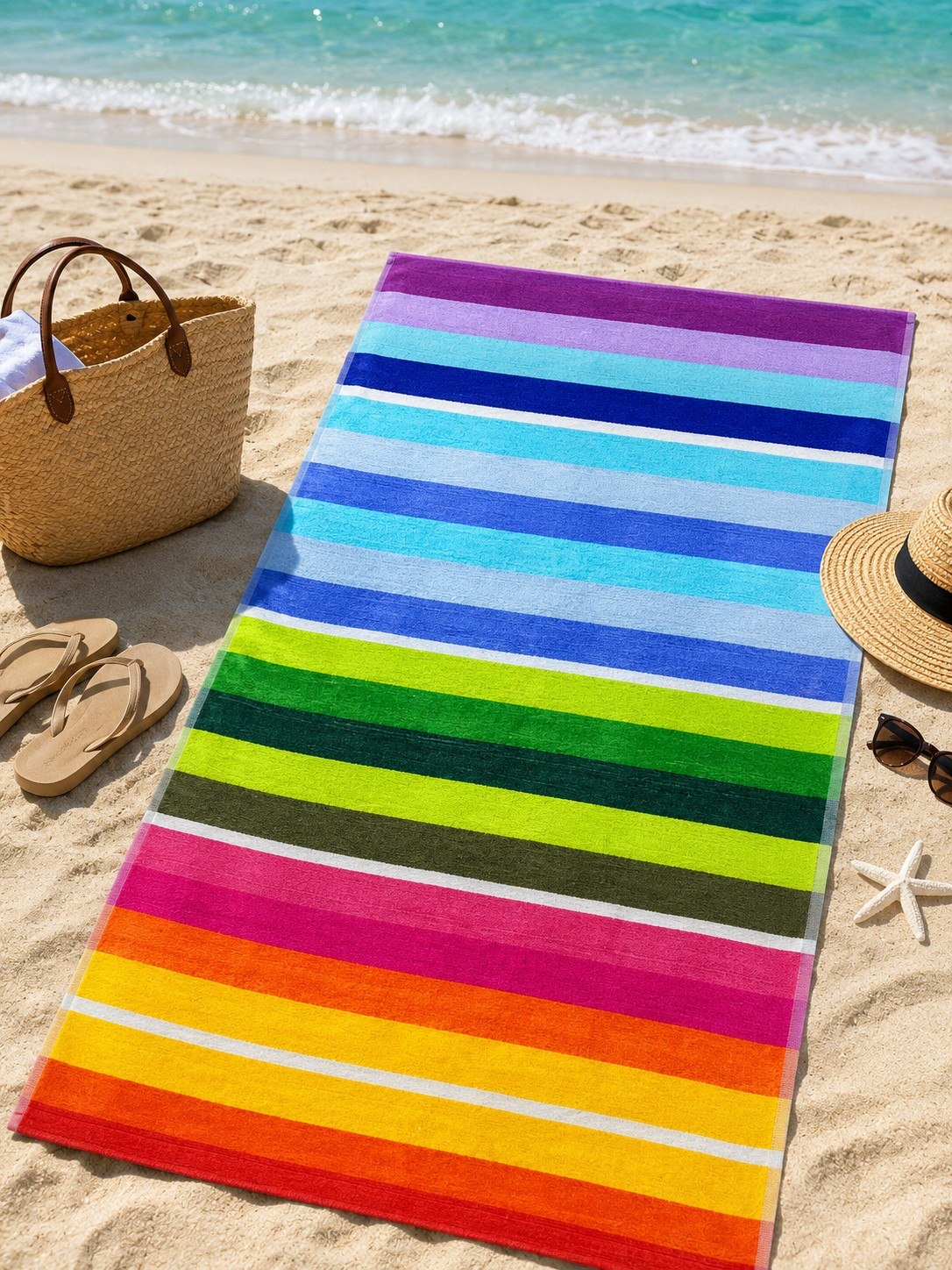 Beach towel ,86 X 160 cm , 100% cotton , Highly absorbent ,Vibrant Rainbow Striped Beach Towel