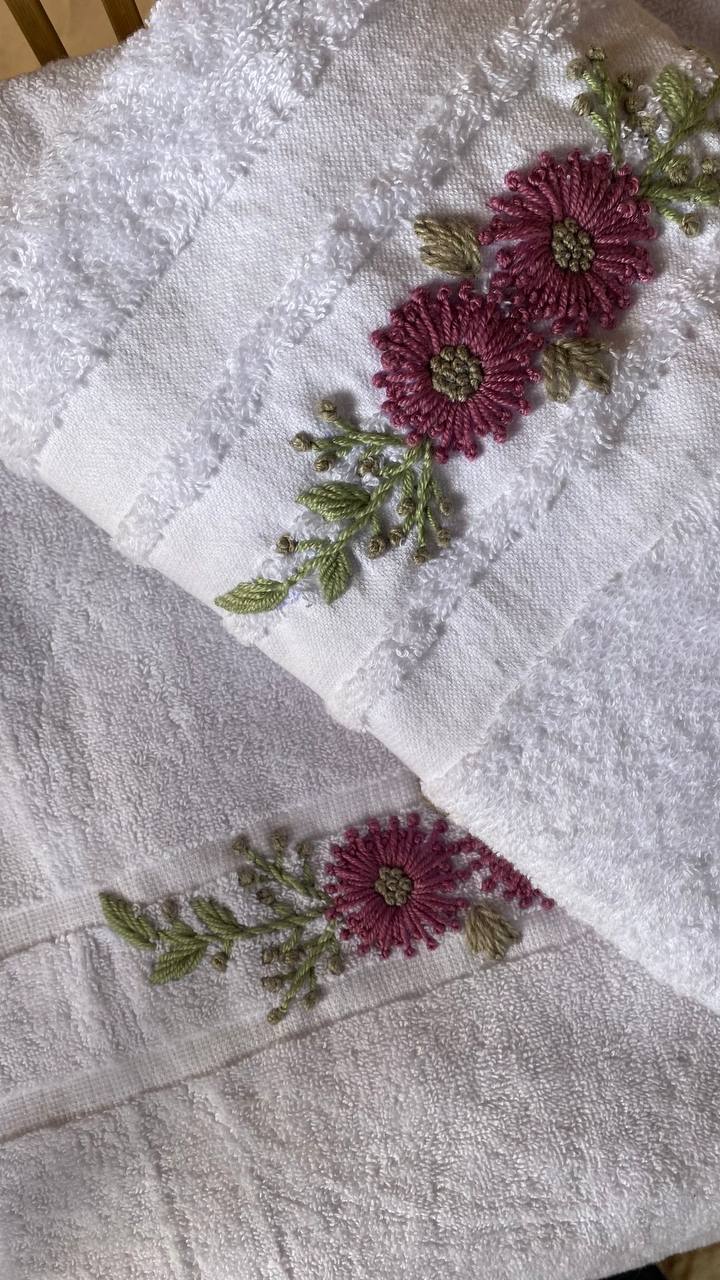 Handmade towel ,100% cotton , mauve flower design