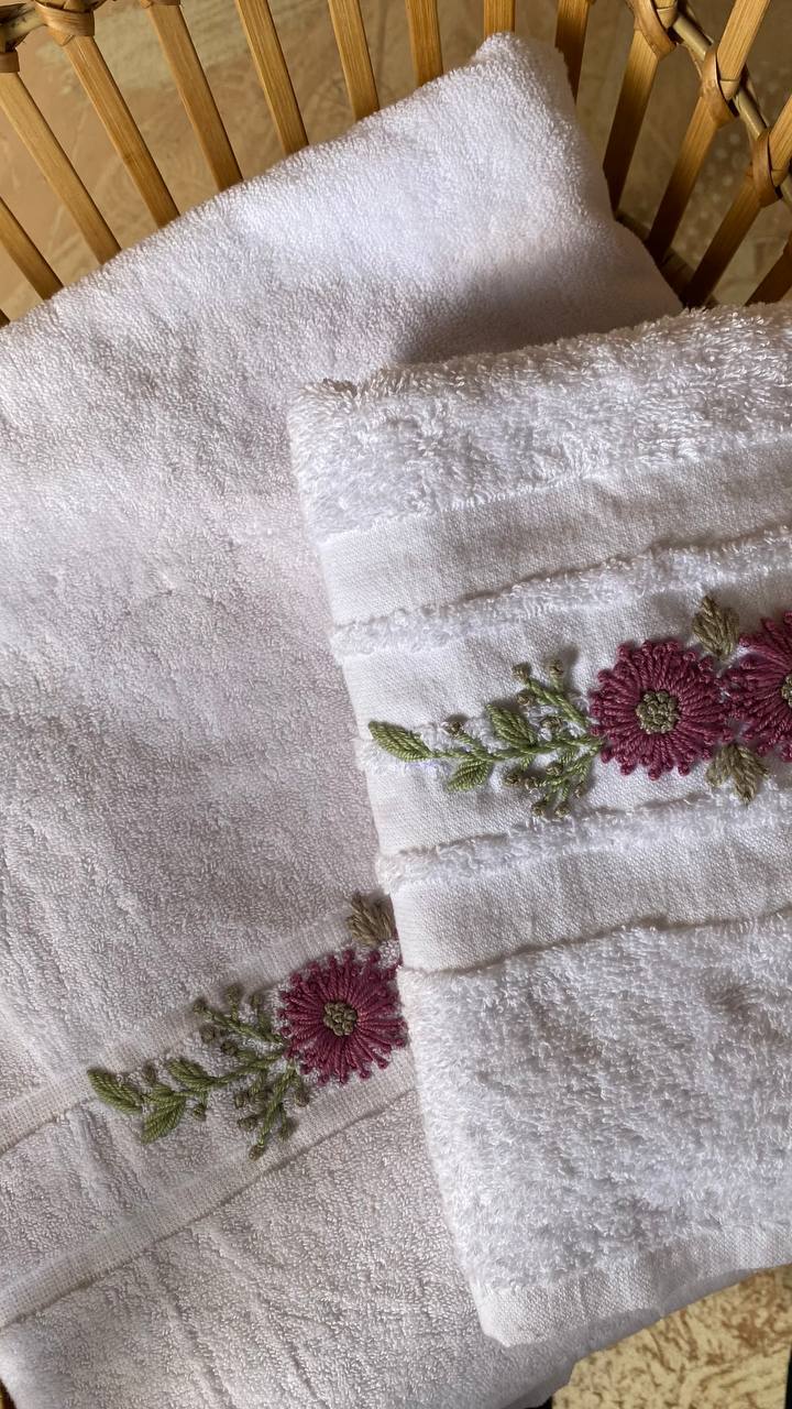 Handmade towel ,100% cotton , mauve flower design