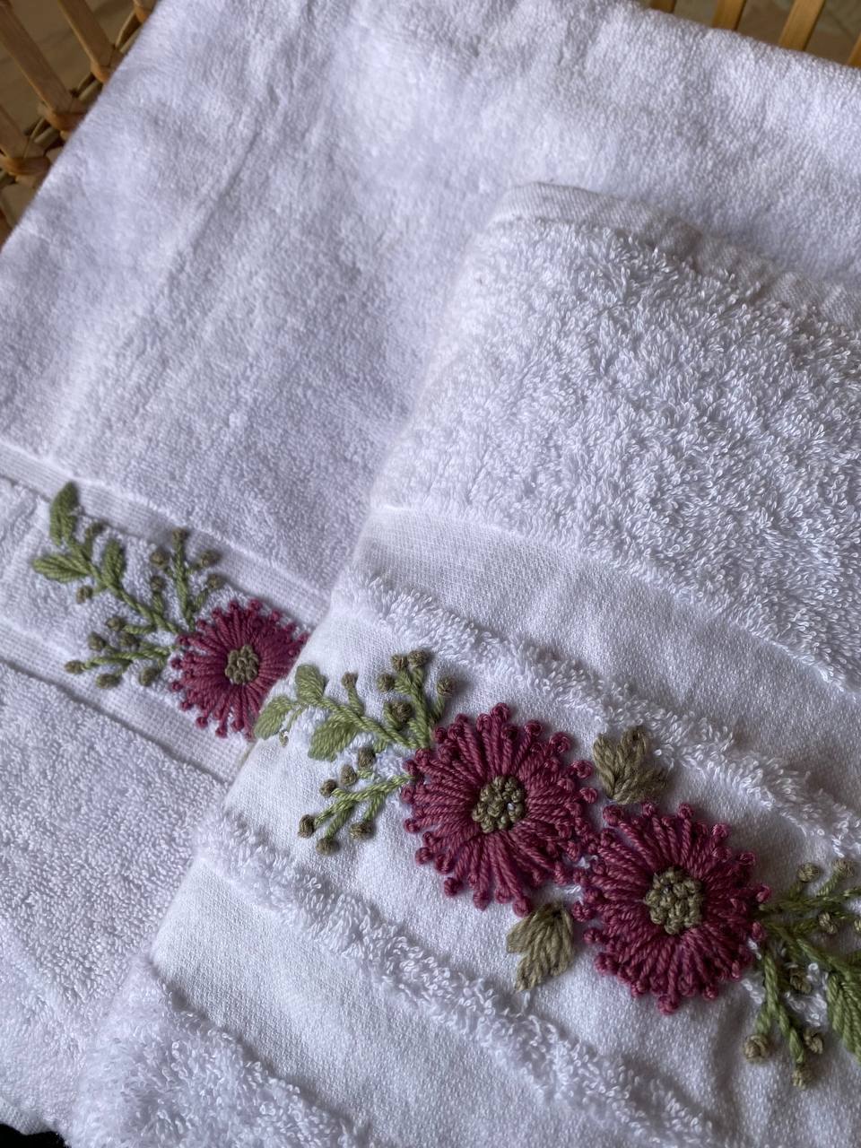 Handmade towel ,100% cotton , mauve flower design